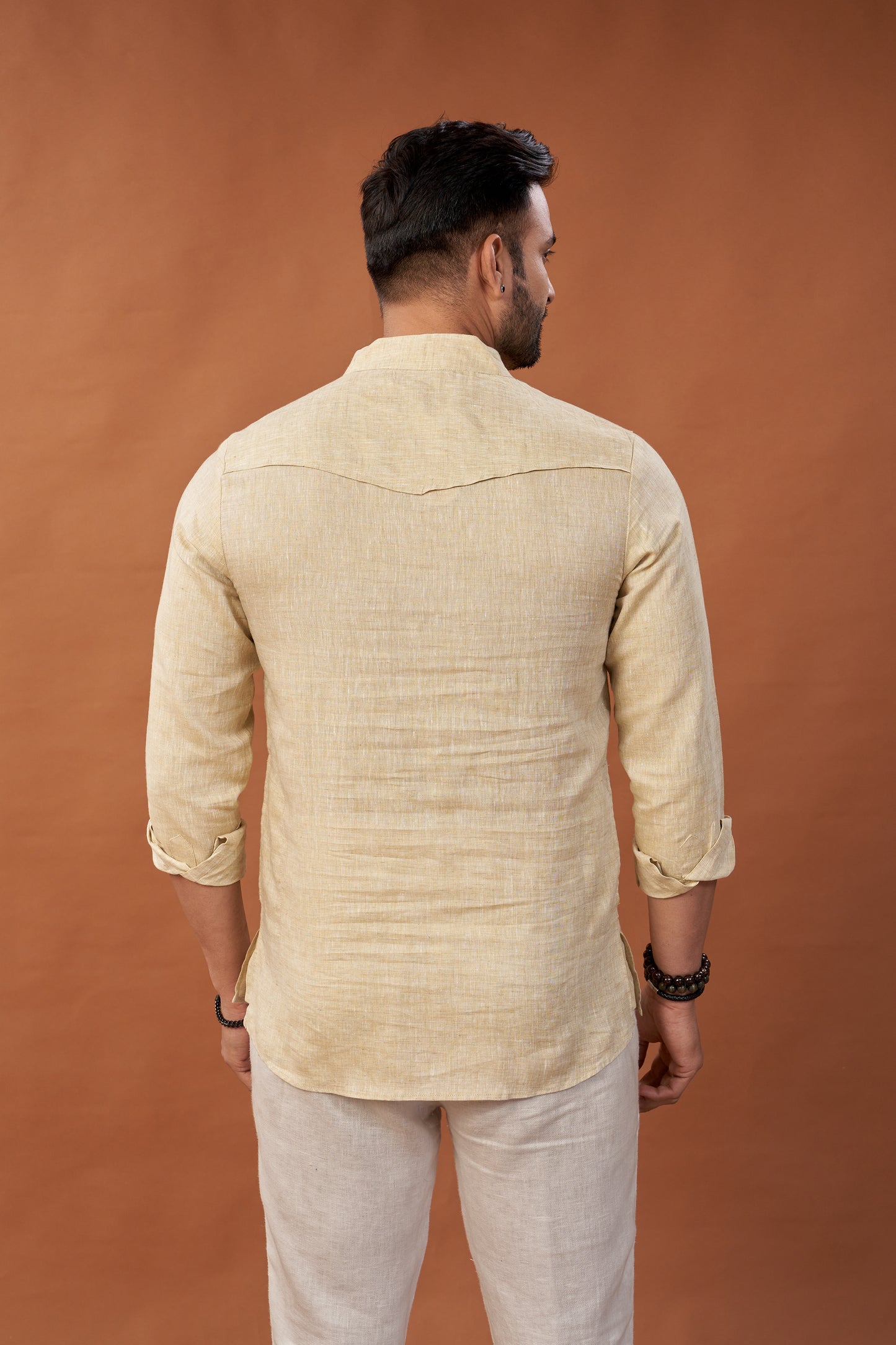 100% Pure Linen Cream Short Kurta Embroidered Shirt - Dedhia House