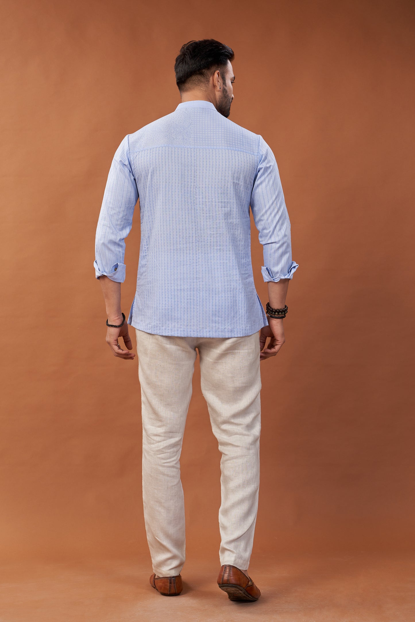 Short Block Printed Blue Kurta Shirt - Dedhia House