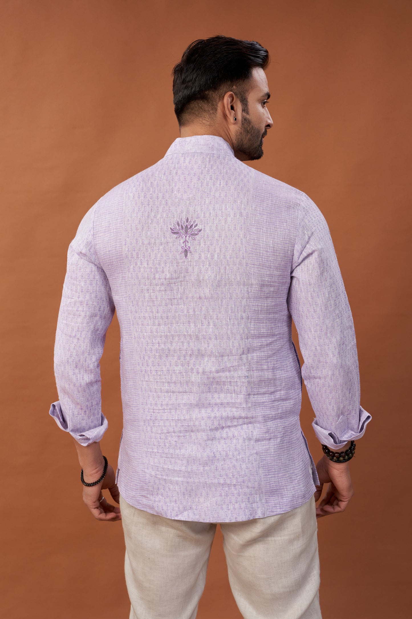 100% Pure Linen Block Printed Lavender Short Kurta Shirt with Embroidery - Dedhia House