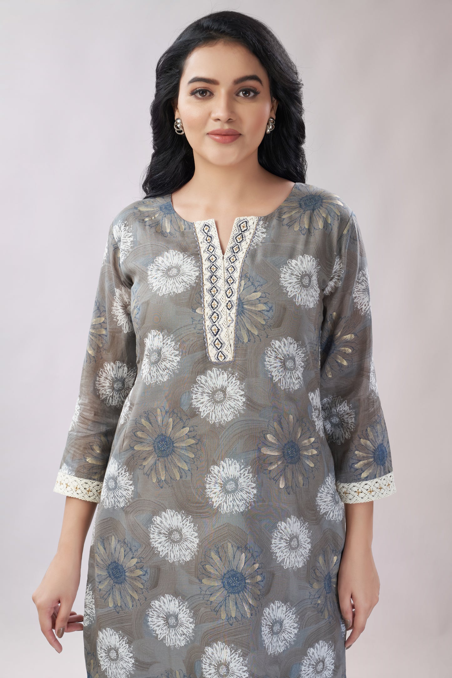 A-line Printed Embroidered Cotton Kurti - Dedhia House