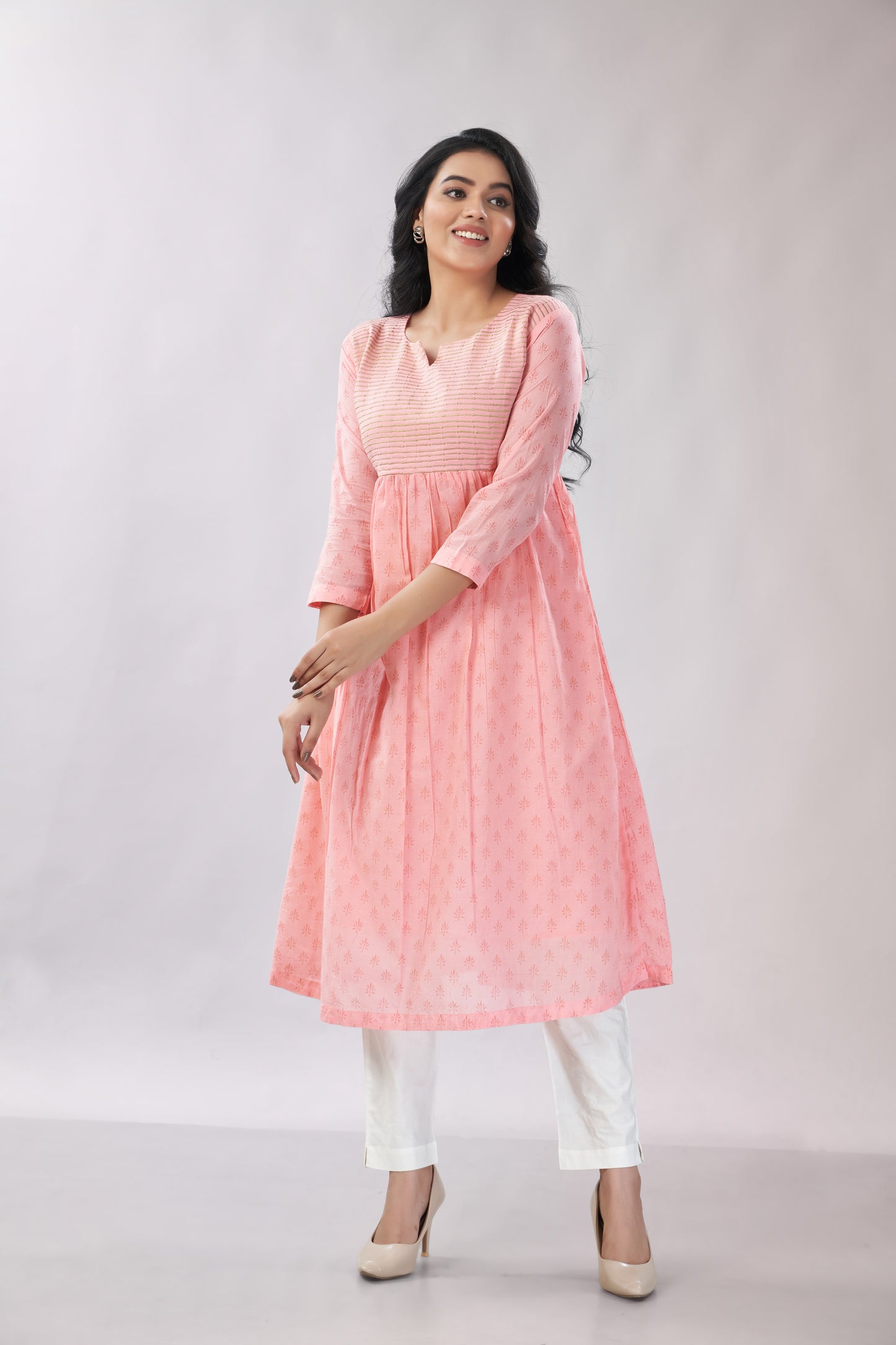 A-line Flared Blush Pink Kurti - Dedhia House
