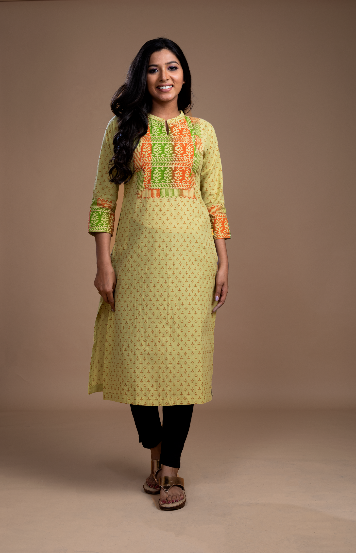 Block printed kurti detailed with zari work - Dedhia House