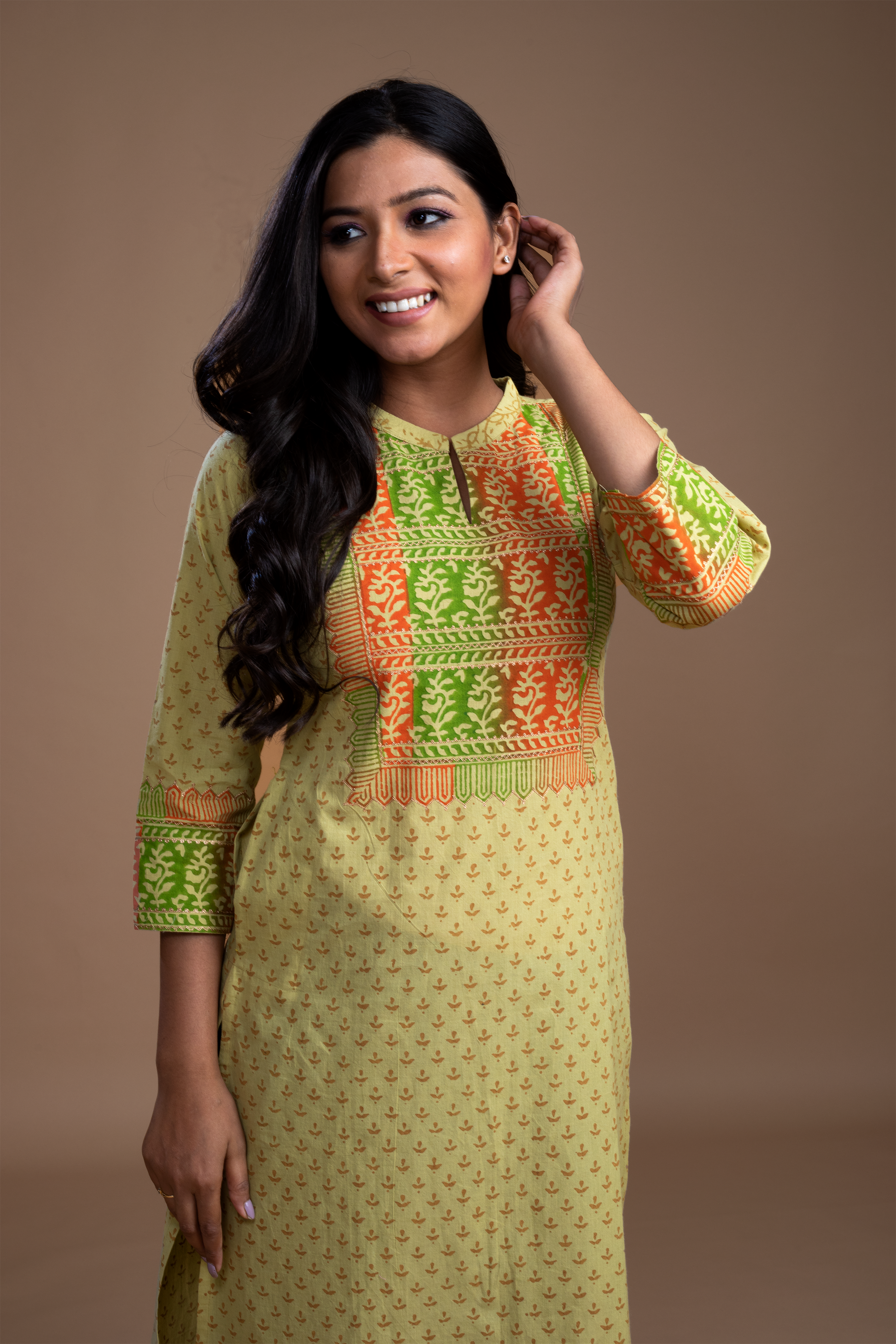 Block printed kurti detailed with zari work - Dedhia House