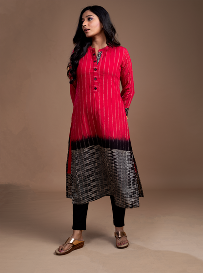 Block printed kurta detailed with embroidary and zari work - Dedhia House