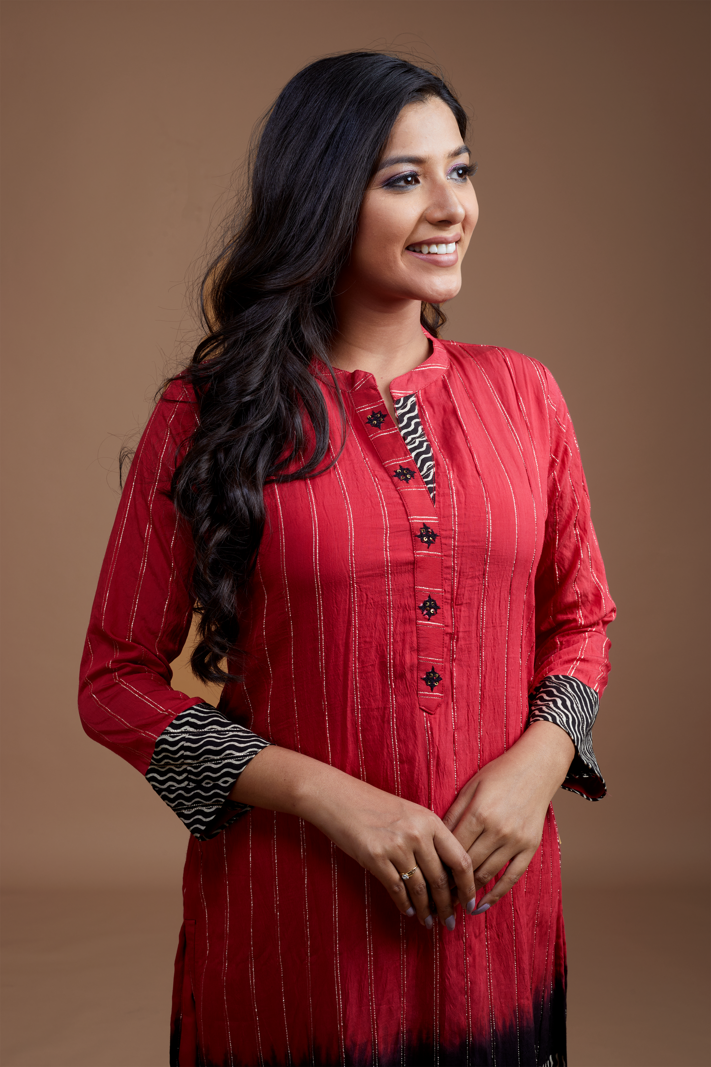 Block printed kurta detailed with embroidary and zari work - Dedhia House