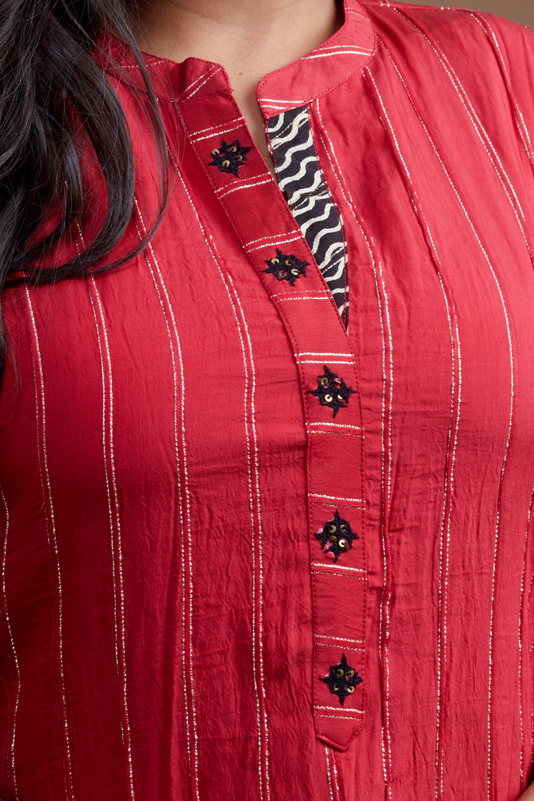 Block printed kurta detailed with embroidary and zari work - Dedhia House