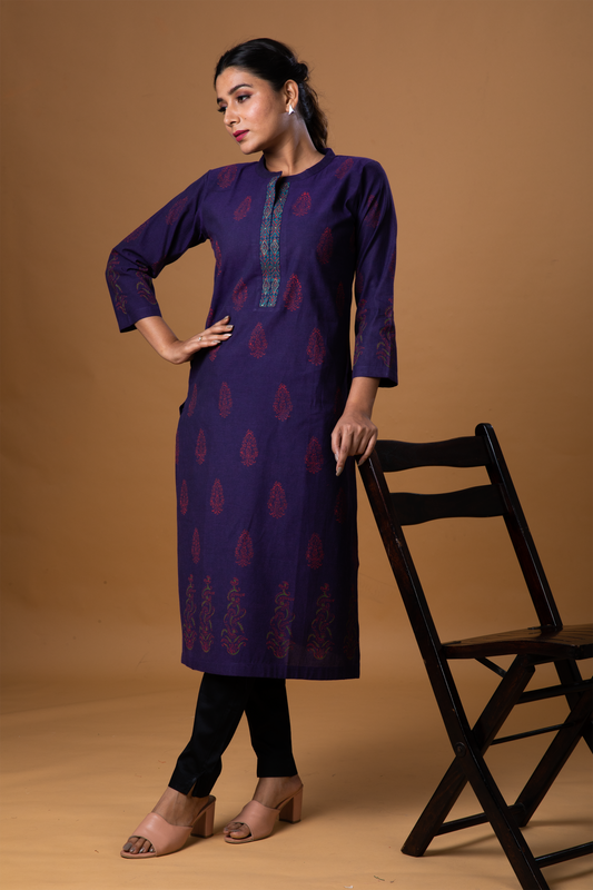 Elegant Cotton Kurti with Hand-Stamped Block Print & Embroidery - Dedhia House