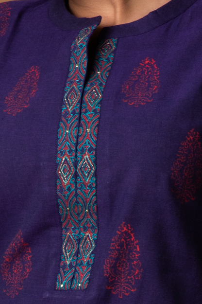 Elegant Cotton Kurti with Hand-Stamped Block Print & Embroidery - Dedhia House