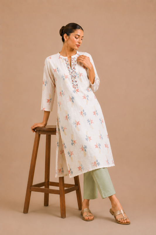 Ivory floral print cotton kurta for women – long straight kurti