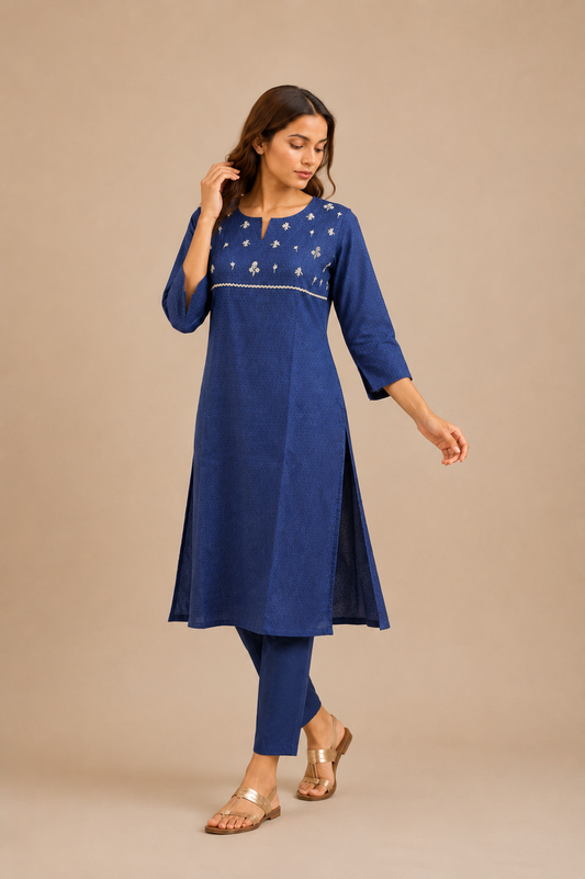 Navy blue embroidered cotton kurta for women – long kurti