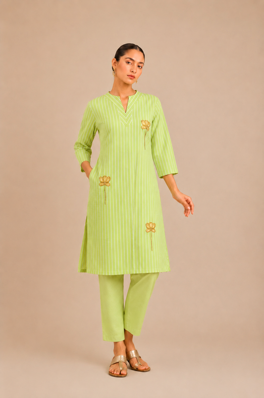 Lime green striped cotton kurta for women with floral embroidery – long kurti
