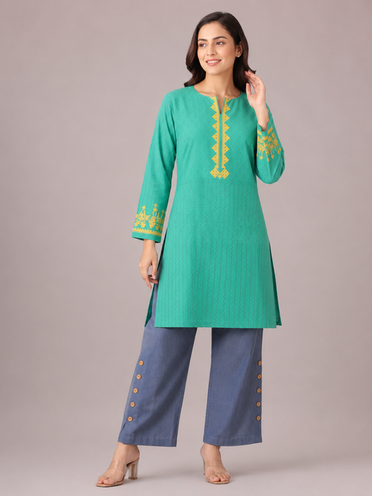 Emerald green gold embroidered cotton kurta for women – long kurti