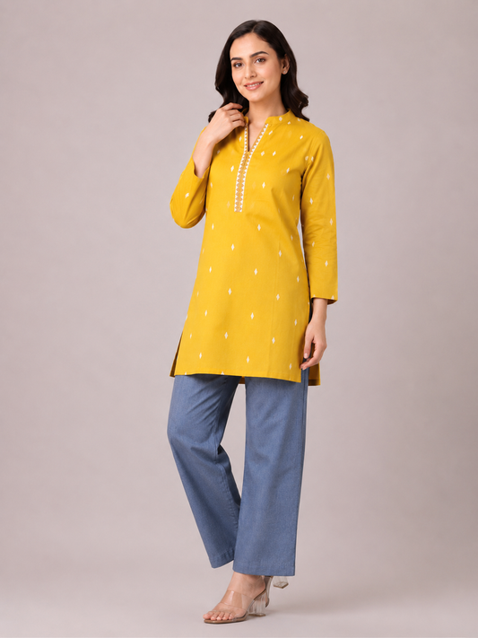 Mustard ikat print cotton tunic for women – short kurti