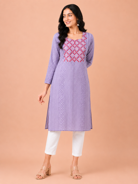 Lilac geometric print cotton kurta for women with floral embroidered yoke – long kurti