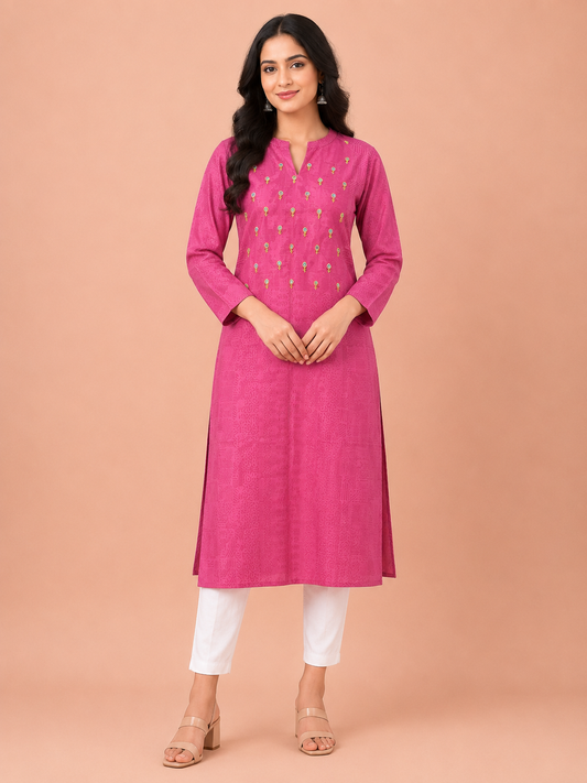 Magenta cotton kurta for women with floral booti embroidery – long kurti
