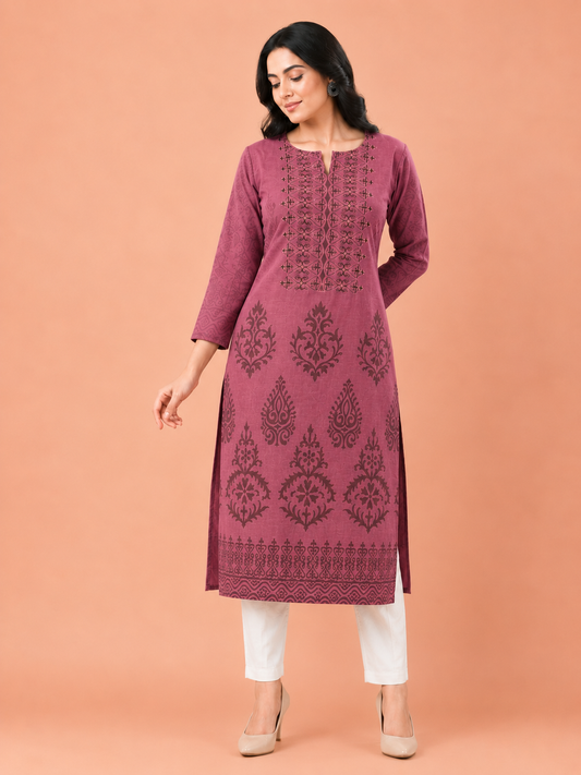 Mauve damask print cotton kurta for women – long kurti
