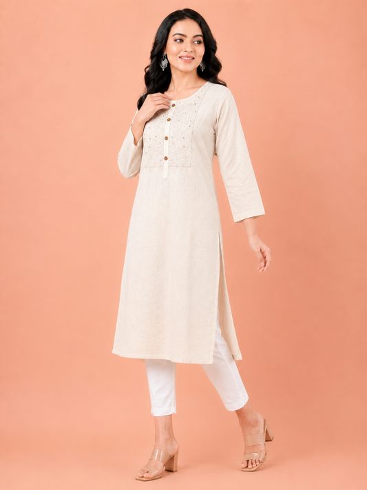Ivory textured cotton kurta for women with embroidered placket – long kurti