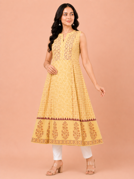 Golden yellow block print cotton anarkali kurta for women – long flared kurti