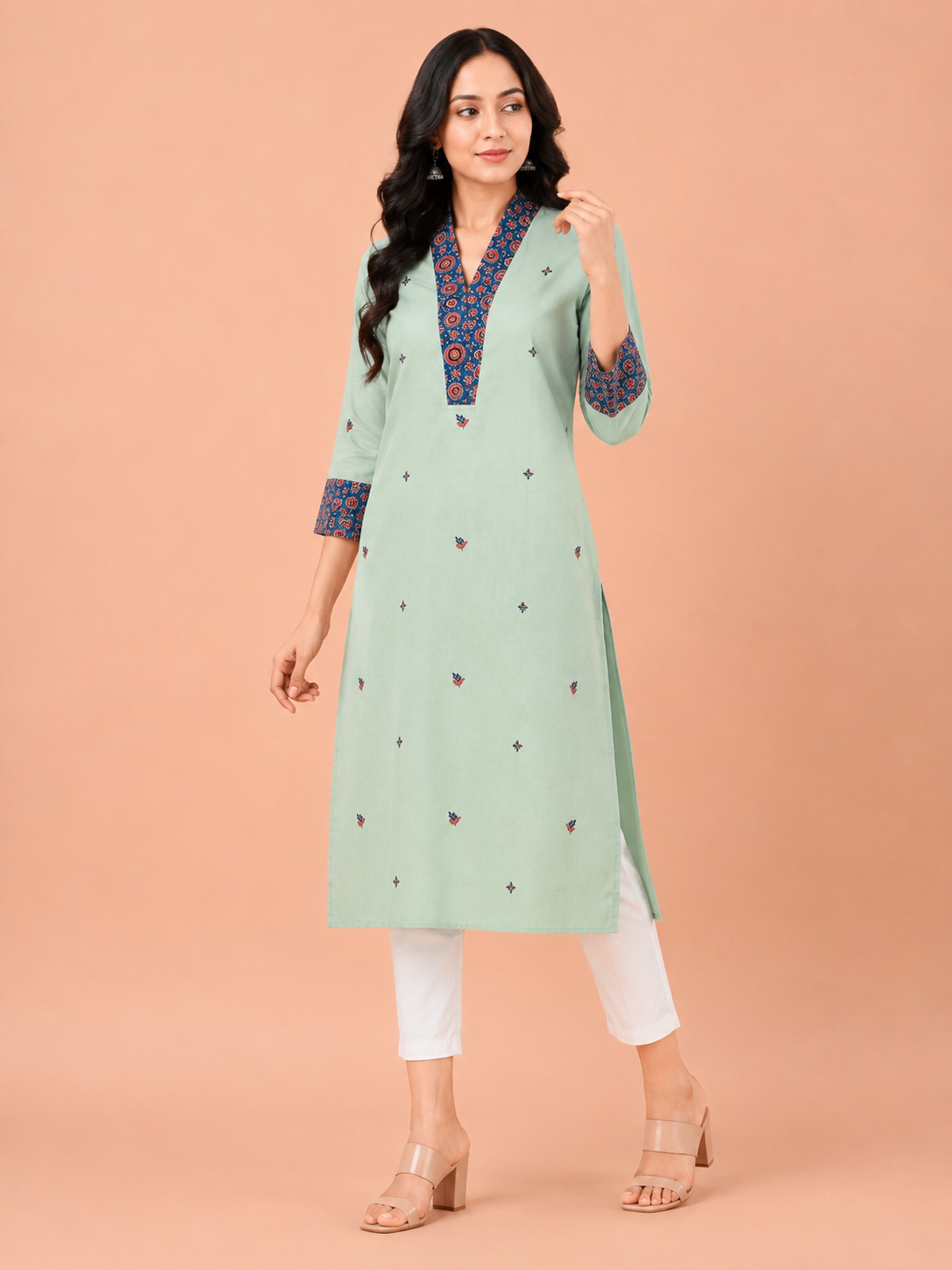 Mint green embroidered cotton kurta for women with blue contrast yoke – long kurti