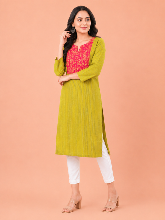 Olive green cotton kurta for women with pink embroidered paisley yoke – long kurti