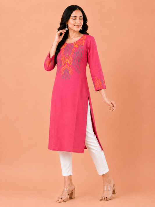 Fuchsia pink cotton kurta for women with multicolour embroidery – long kurti