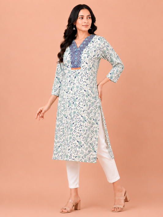 Ivory floral print cotton kurta for women with indigo embroidered yoke – long kurti