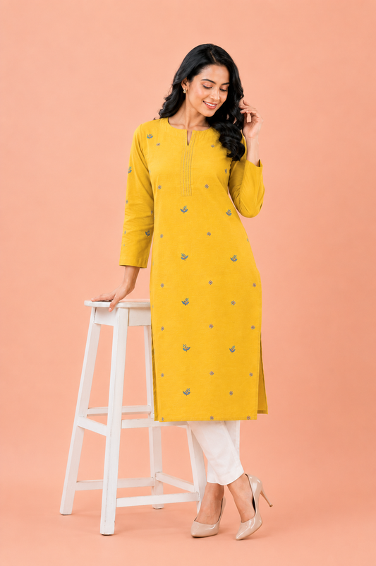 Mustard yellow embroidered cotton kurta for women – long kurti