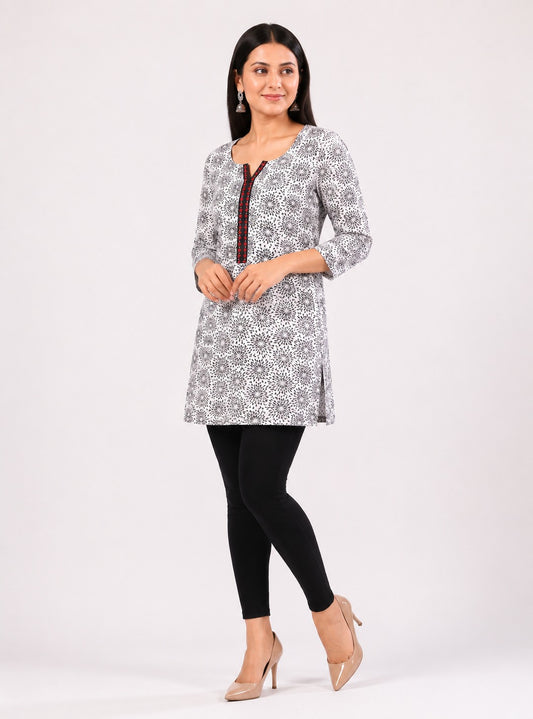Ivory mandala print cotton short kurti for women