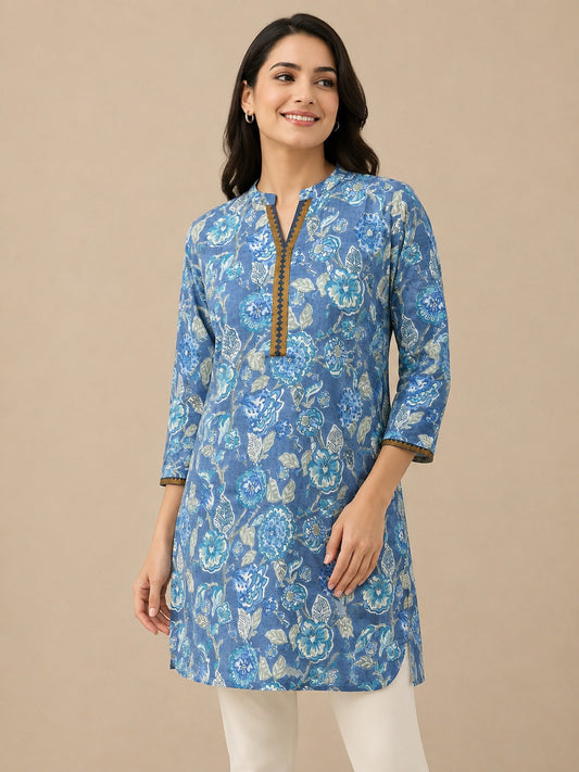 Blue floral print cotton short kurti for women - front view