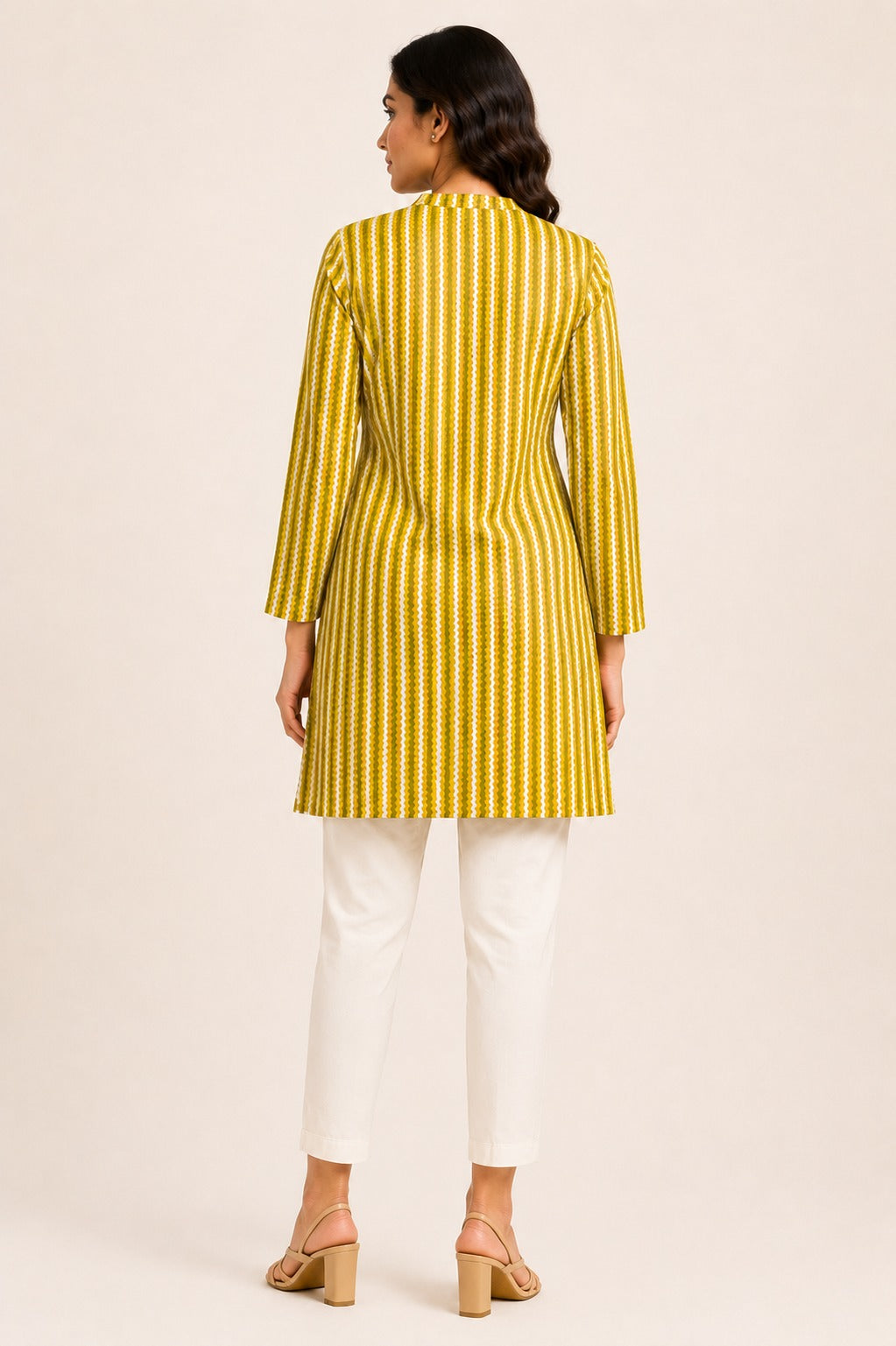 Yellow striped cotton short kurti for women - side view