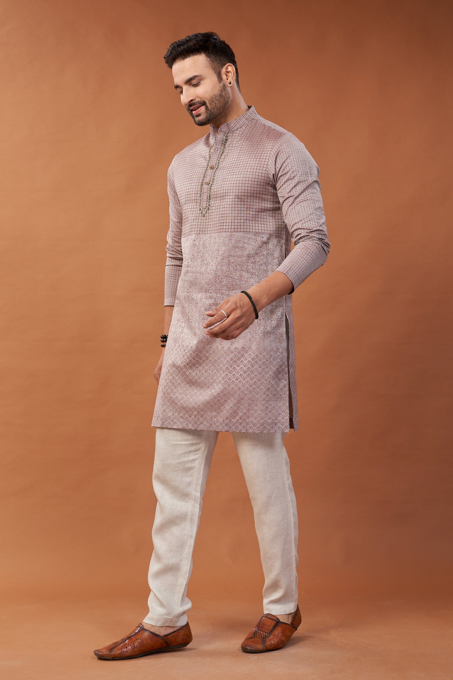 Warm Grey Long Embroidered Block Printed Kurta