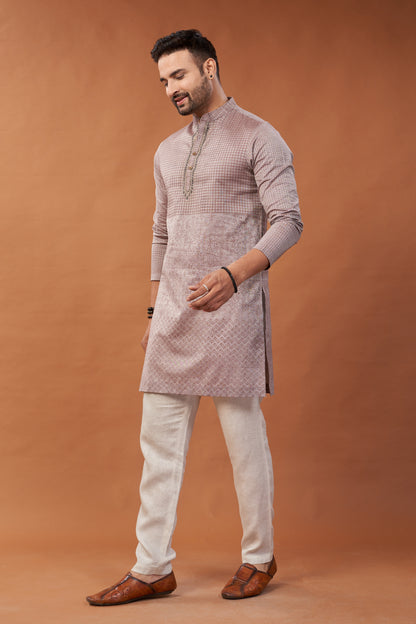 Warm Grey Long Embroidered Block Printed Kurta