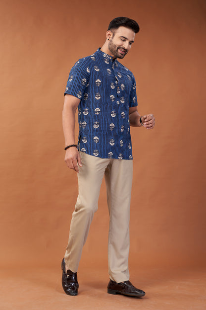 Ajrakh Blue Kurta T-Shirt - Dedhia House