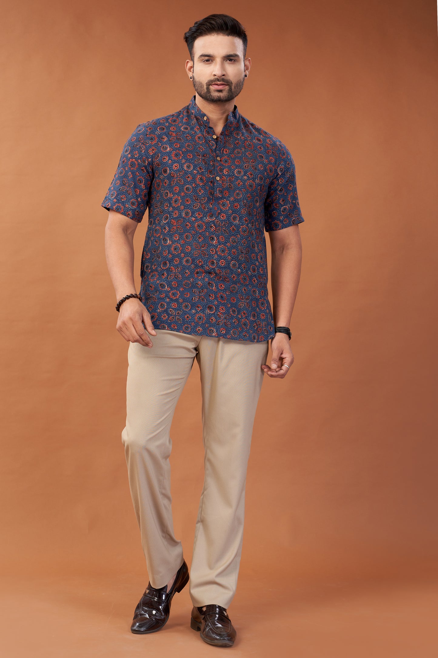 Ajrakh Red on Blue print Kurta T-Shirt - Dedhia House