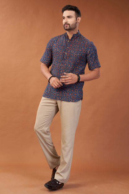 Ajrakh Red on Blue print Kurta T-Shirt - Dedhia House