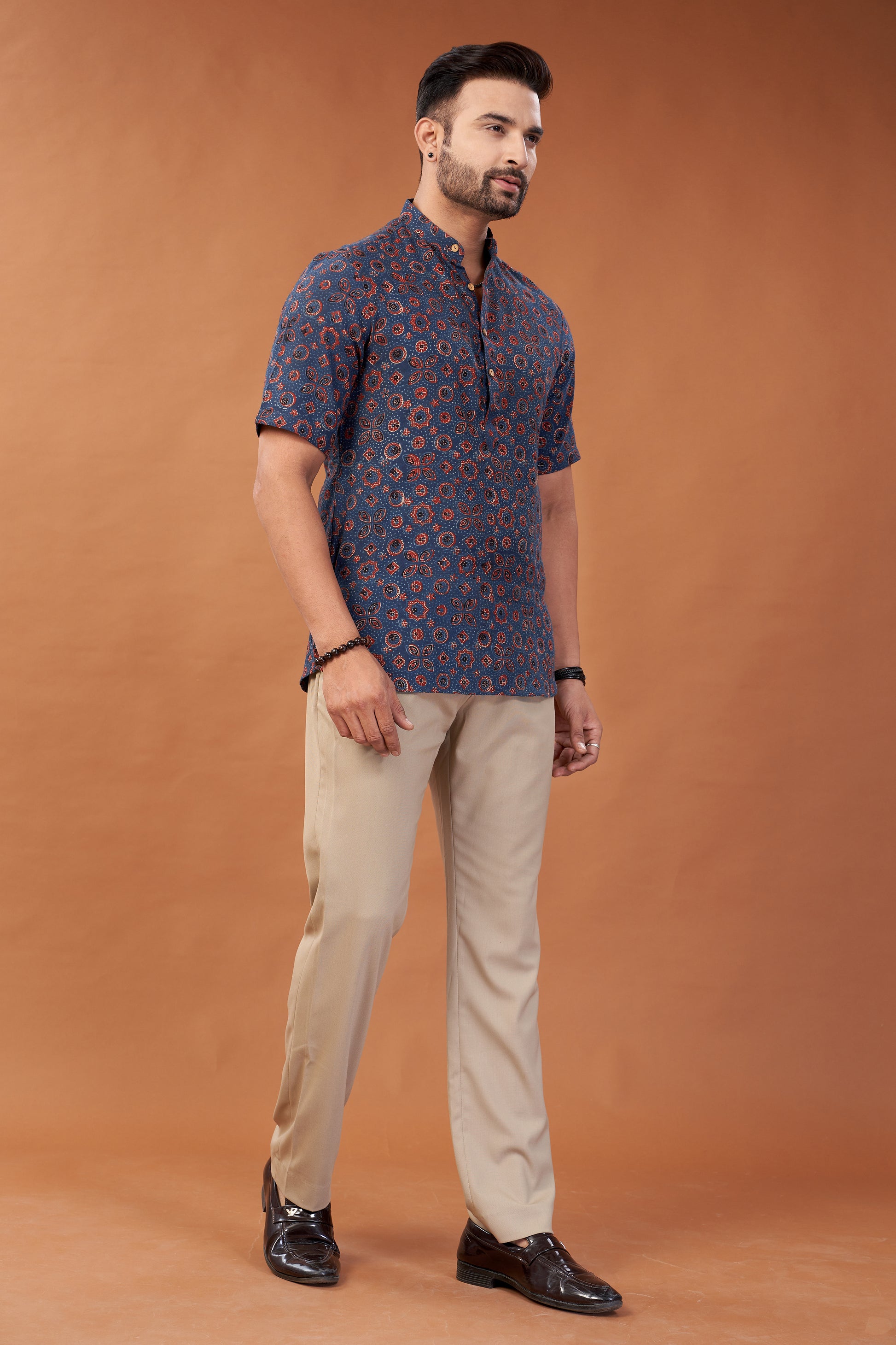Ajrakh Red on Blue print Kurta T-Shirt - Dedhia House
