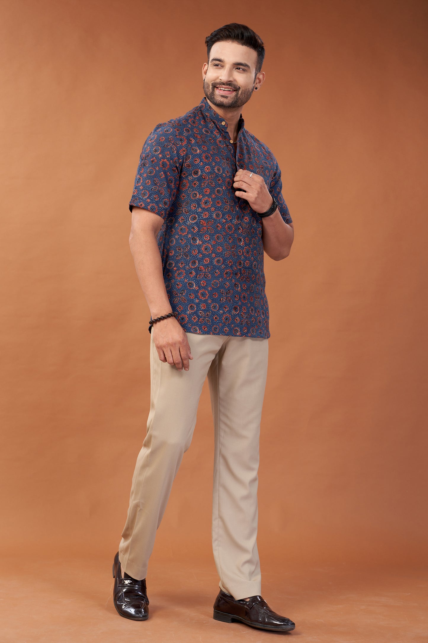 Ajrakh Red on Blue print Kurta T-Shirt - Dedhia House