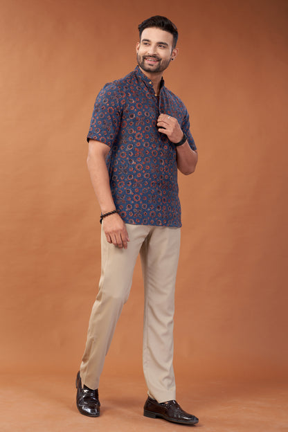 Ajrakh Red on Blue print Kurta T-Shirt - Dedhia House