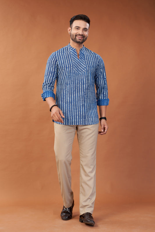 Ajrakh Blue Patterned Kurta Shirt - Dedhia House
