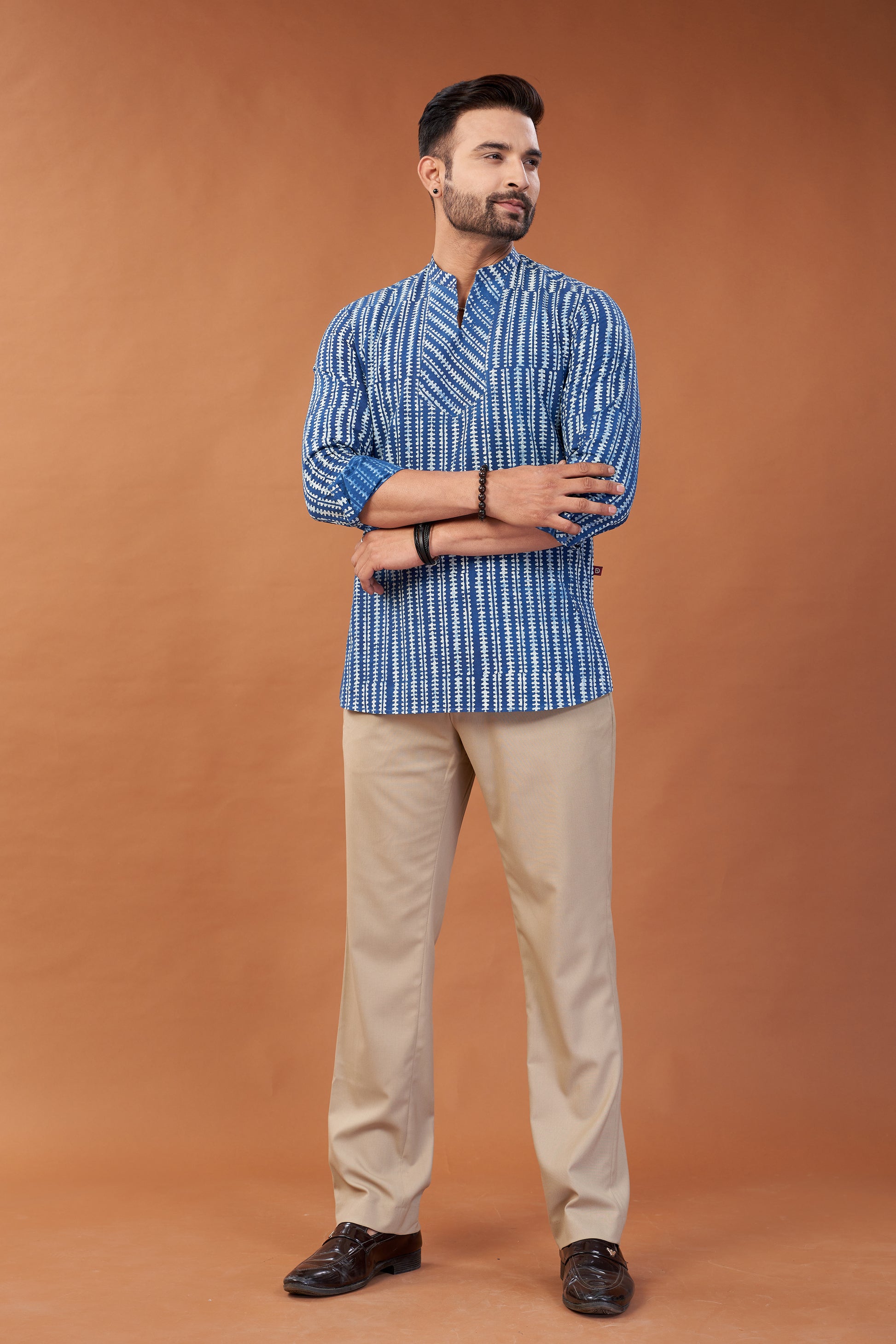Ajrakh Blue Patterned Kurta Shirt - Dedhia House