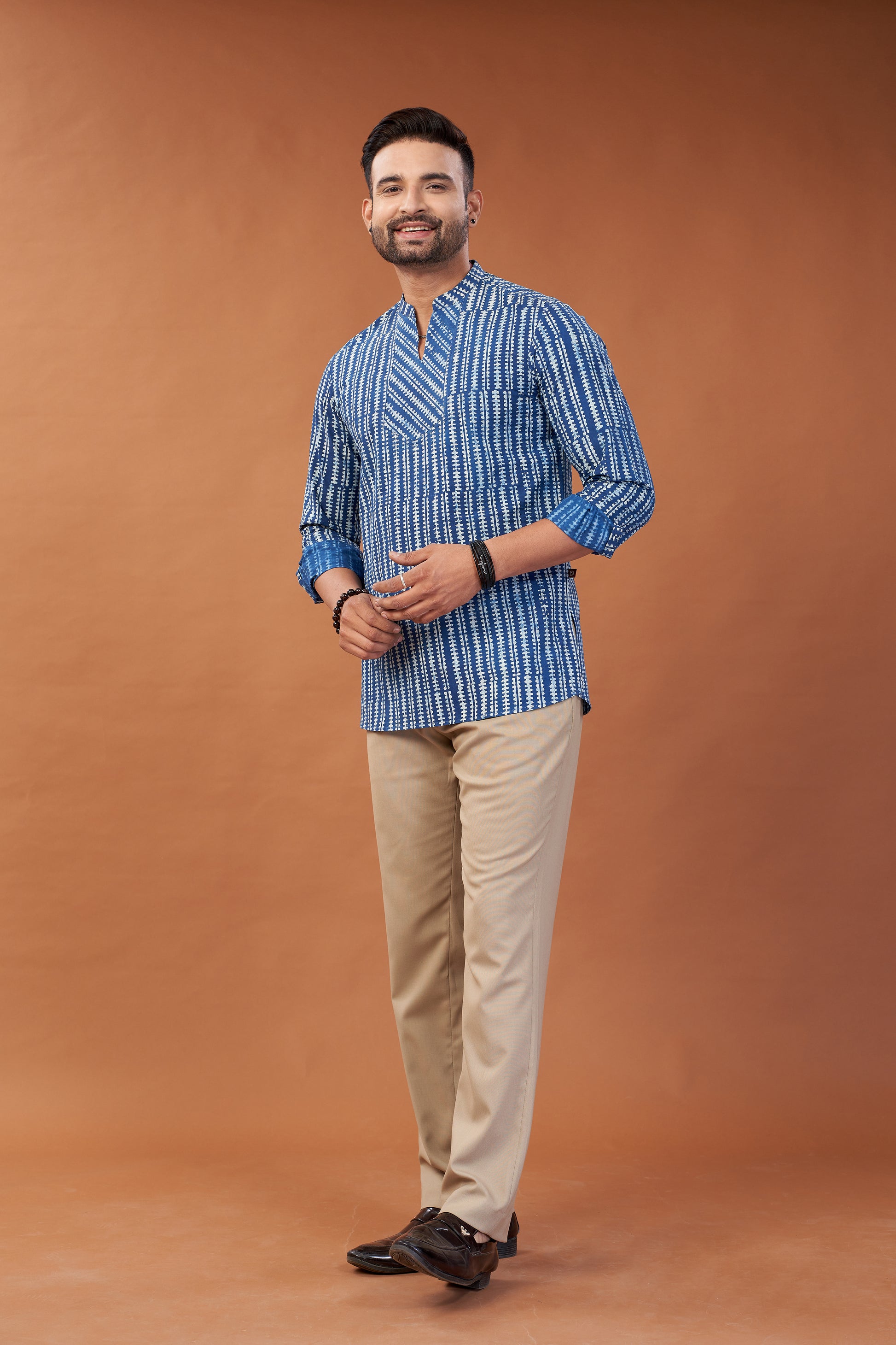 Ajrakh Blue Patterned Kurta Shirt - Dedhia House