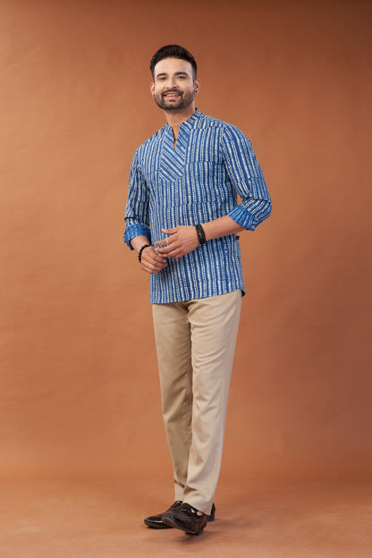 Ajrakh Blue Patterned Kurta Shirt - Dedhia House