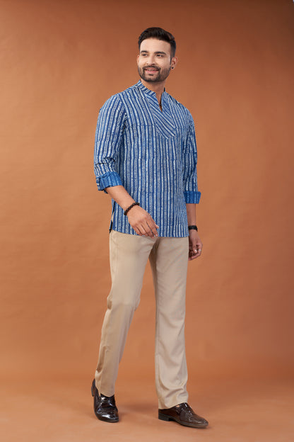 Ajrakh Blue Patterned Kurta Shirt - Dedhia House