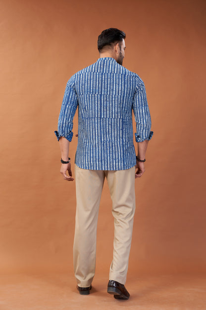Ajrakh Blue Patterned Kurta Shirt - Dedhia House