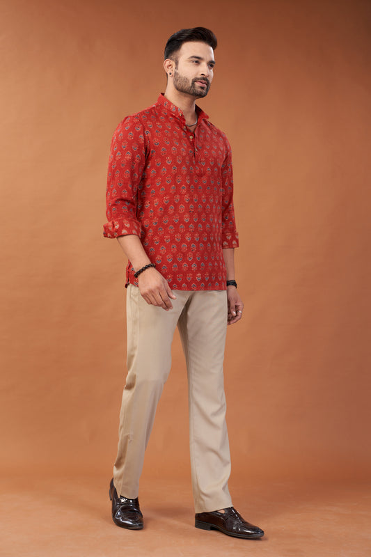 Ajrakh Red Kurta Shirt - Dedhia House