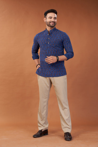 Ajrakh Dark Blue Kurta Shirt - Dedhia House
