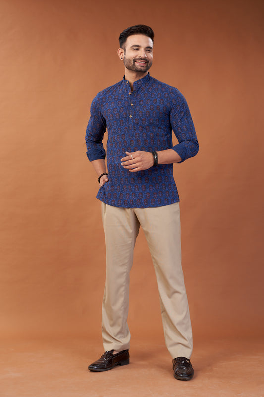 Ajrakh Dark Blue Kurta Shirt - Dedhia House