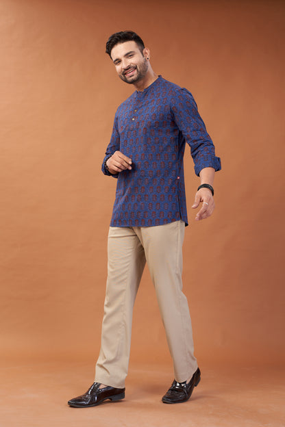 Ajrakh Dark Blue Kurta Shirt - Dedhia House