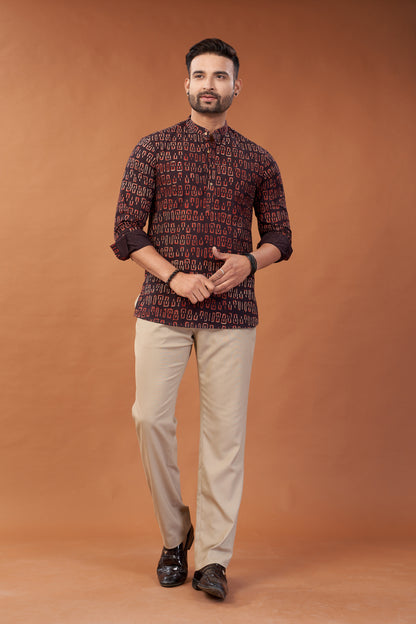 Ajrakh Dark Maroon Kurta Shirt - Dedhia House