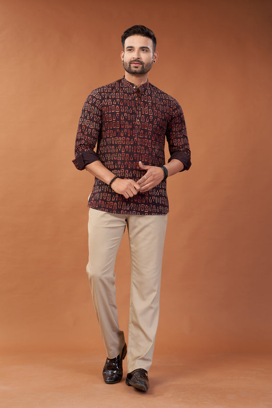 Ajrakh Dark Maroon Kurta Shirt - Dedhia House